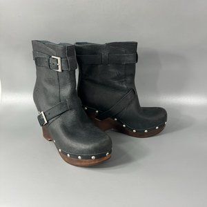 UGG Black Leather "Taryn" Wooden Wedge Mid Calf Boots, Size 7
